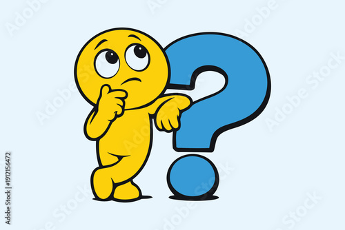 yellow cartoon character thinking with blue question mark