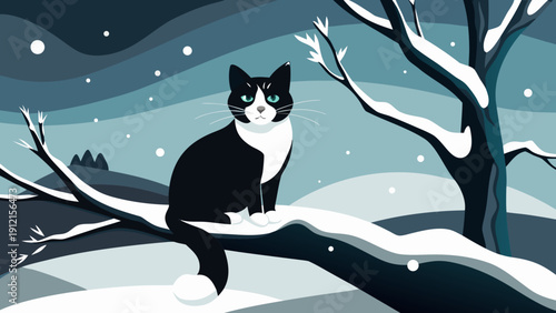 A black and white cat sitting on a snowy tree branch with a wintery background and snowflakes falling around it