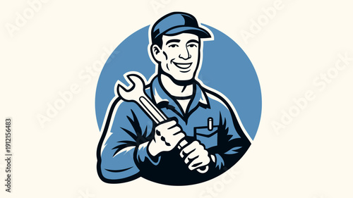 Smiling male mechanic professional character illustration holding a wrench, automotive repair and service icon
