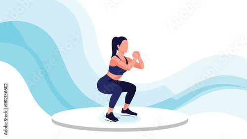 Athletic woman performing squats exercise on a white circular platform against a blue wavy background for fitness.