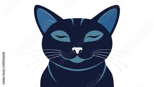 A minimalist vector illustration of a stylized blue cat's face with closed eyes and a serene expression set against a dark background