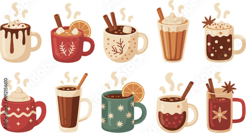 Set of cozy winter hot drinks with cocoa, coffee, chocolate mugs, cinnamon sticks, orange slices, marshmallows, and whipped cream isolated on white background