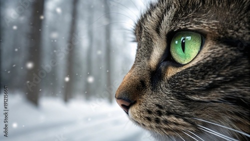 Striking green eyes, slightly closed, with vertically narrow pupils.