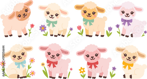 Set of cute baby lamb characters with colorful bows and spring flowers, adorable sheep vector illustrations for nursery decor, kids invitations and stickers.
