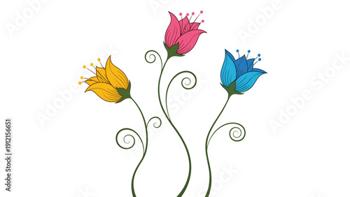 Simple illustration of three stylized tulip flowers in yellow, pink, and blue with long curly green stems on white.