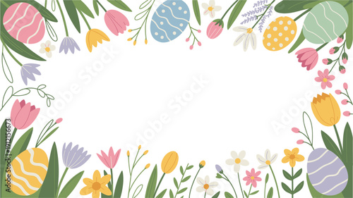 Happy Easter background frame with colorful painted eggs, spring tulips, wildflowers, and floral elements on white copy space for greeting cards, invitations, and seasonal promotions.