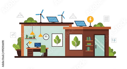 Eco-friendly office building with solar panels, wind turbines, and clean energy