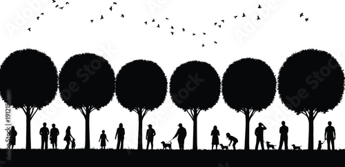 Black and white vector silhouette illustration of people walking dogs in the park under trees and flying birds.
