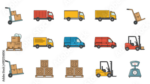 Comprehensive collection of logistics icons featuring trucks, vans, forklifts, pallets, and shipping equipment.