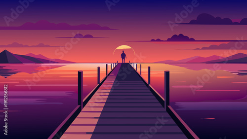 A minimalistic vector illustration depicting a silhouette of a person standing at the end of a wooden pier during a serene sunset with a glowing umbrella