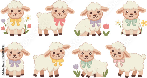 Set of cute baby lamb characters with colorful bows and spring flowers, adorable sheep vector illustrations for nursery decor, kids invitations and stickers.