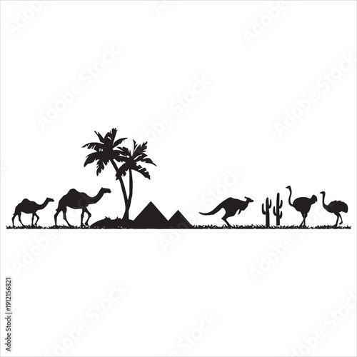 Desert Silhouette: A stark black silhouette showcases the essence of desert life, featuring iconic imagery of camels, pyramids, palms, and other animals, creating a timeless visual narrative.