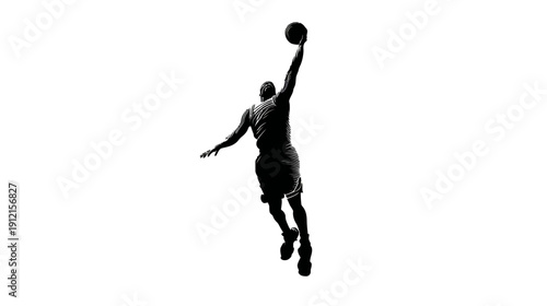 Dynamic silhouette of a basketball player soaring through the air, about to dunk the ball during an intense game.