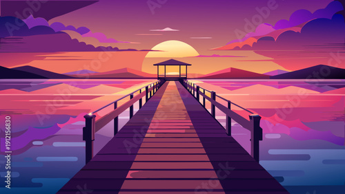 A tranquil vector illustration of a wooden pier extending into calm water with a vibrant sunset over mountains