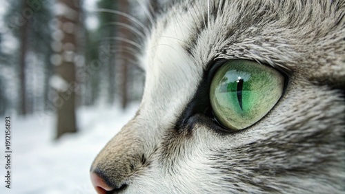 Striking green eyes, slightly closed, with vertically narrow pupils.