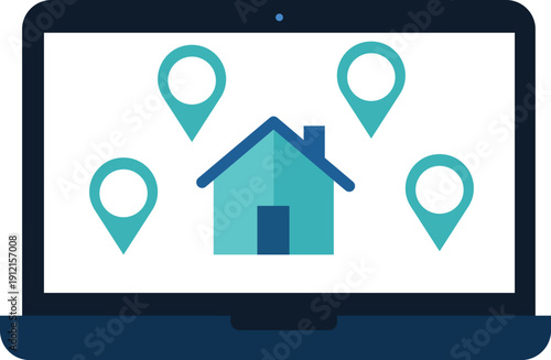 Digital real estate technology laptop screen shows house with location pins and search functionality for online property search business concept illustration