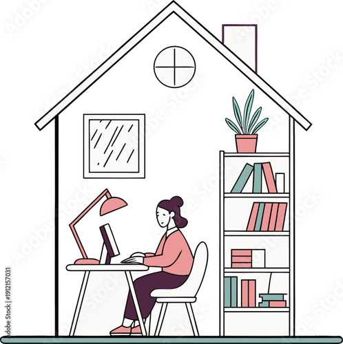woman working from home on laptop with bookshelf and plant, isolated on transparent background