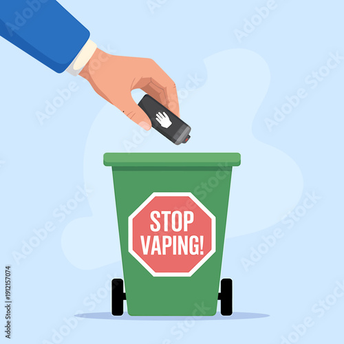 Hand throwing vape into trash can with stop vaping sign  quit vaping campaign