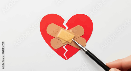 Broken red heart patched with bandages and a pen pointing at it on white
