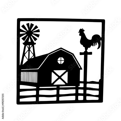Black and White Silhouette of Barn, Windmill, Rooster and Fence in Frame