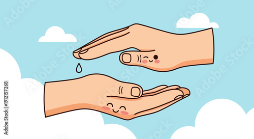 Cartoon hands with water drop under blue sky conceptual illustration