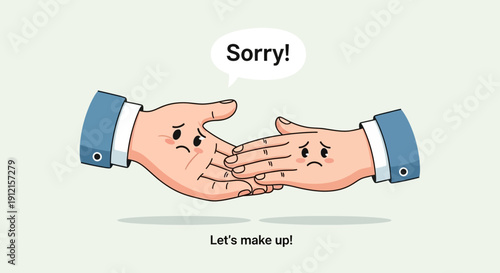 Cartoon hands shaking with speech bubble expressing apology and forgiveness