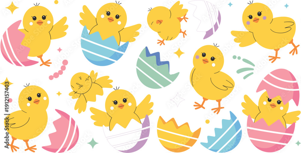 Fototapeta premium Adorable flat vector illustration set of cute yellow Easter chicks hatching from colorful eggshells with stars and sparkles isolated on white background for spring holiday design