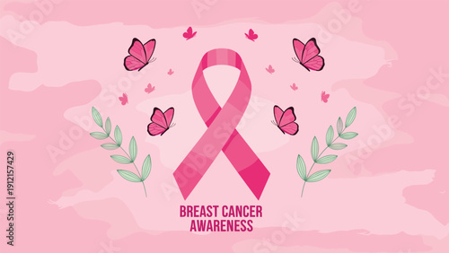 Pink breast cancer awareness ribbon surrounded by butterflies and leaves on a soft textured background.
