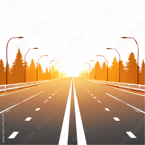 Empty highway with trees and streetlights at sunset.