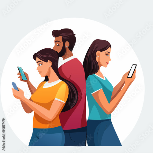 Couple standing back to back and using mobile phones together.