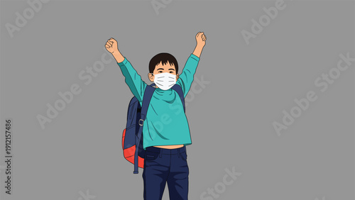 Cheerful schoolboy wearing a white face mask and carrying a backpack celebrates with his hands raised in the air.