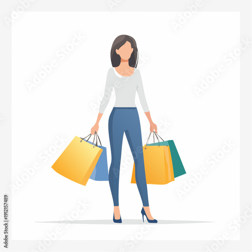 Woman holding shopping bags in a minimalist style.