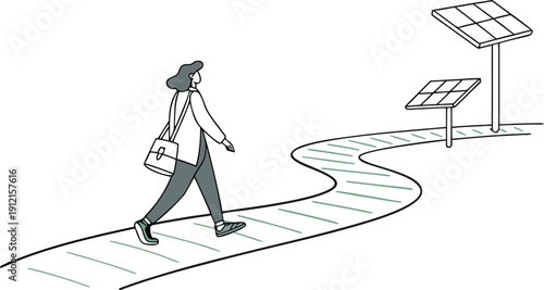 Continuous line drawing of a person walking on a path towards solar panels, symbolizing a sustainable future.