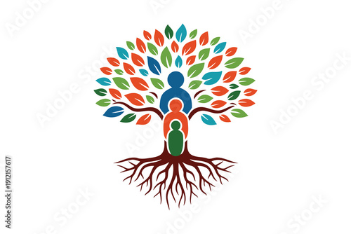 family tree icon with colorful leaves and roots