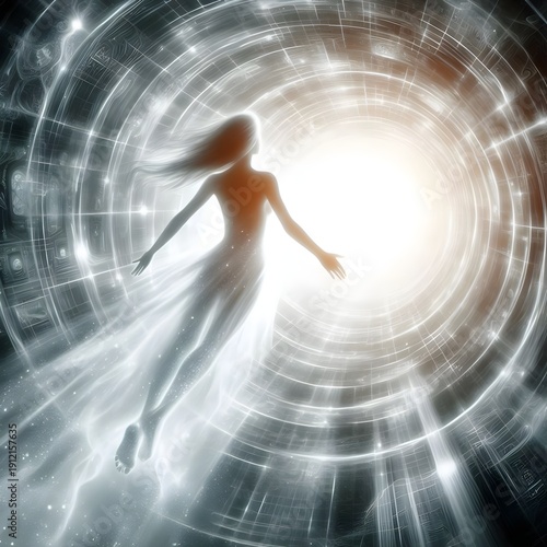 Ethereal figure floating towards bright light in death tunnel. 