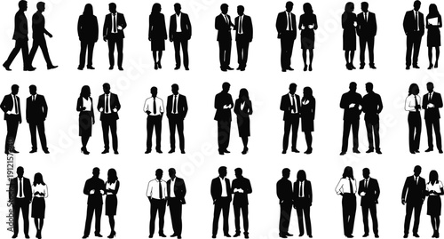 Set of black and white vector silhouettes showing business people standing talking and shaking hands in formal attire.
