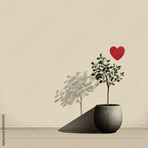 Plant grows in a pot next to a wall with a shadow and a heart shape above the leaves