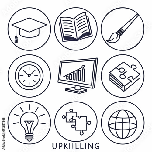 Icons representing various aspects of upskilling and education Vector