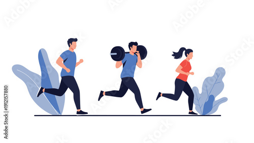 Group of active people running and lifting heavy weights to maintain fitness and a healthy athletic lifestyle.