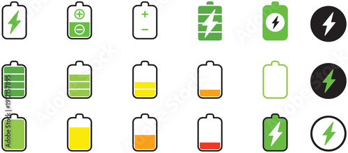Various battery level indicators and lightning bolt symbols on a black background