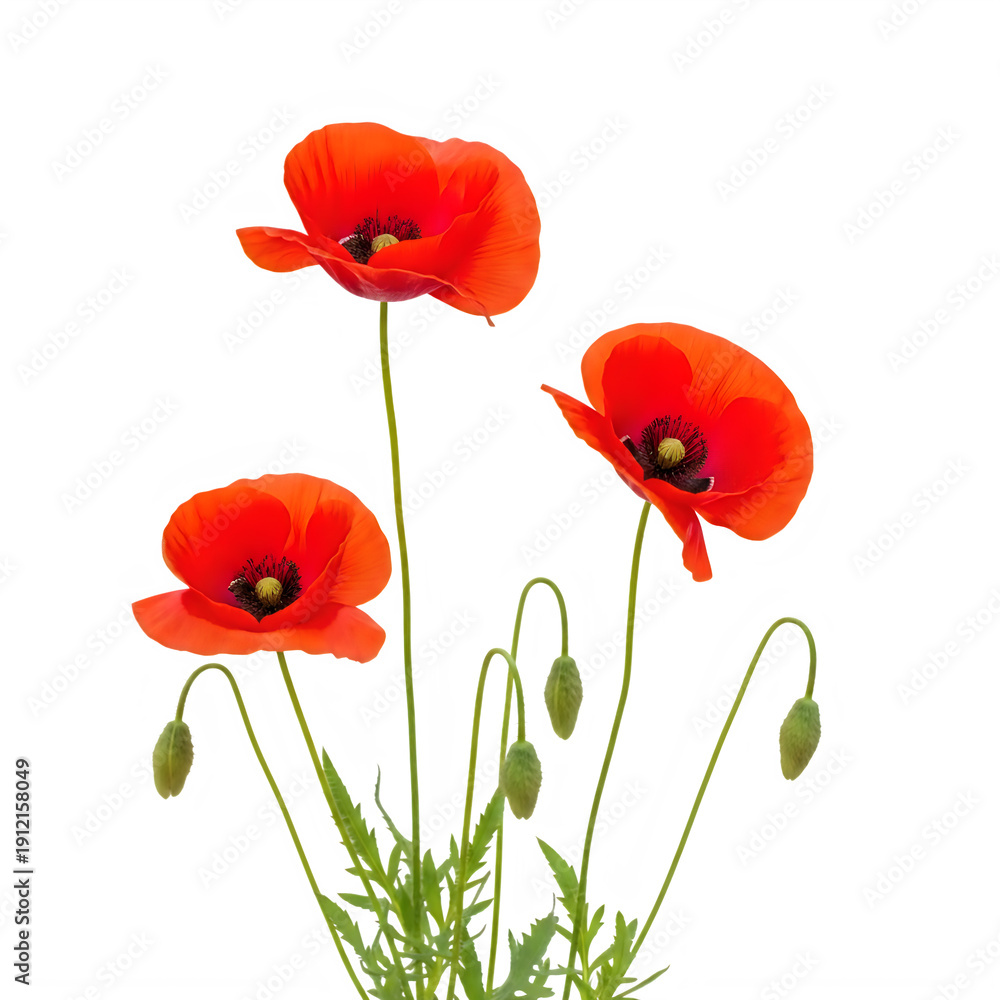 Fototapeta premium Three vibrant red poppies with green stems and leaves against a white background