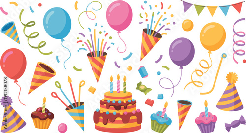Colorful flat vector illustration set of birthday party celebration elements with chocolate cake cupcakes balloons party poppers and festive confetti for greeting cards