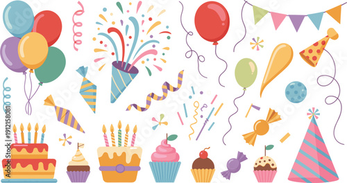Colorful flat vector illustration set of birthday party elements including cake cupcakes balloons confetti party hats and festive bunting isolated on white background for celebration design