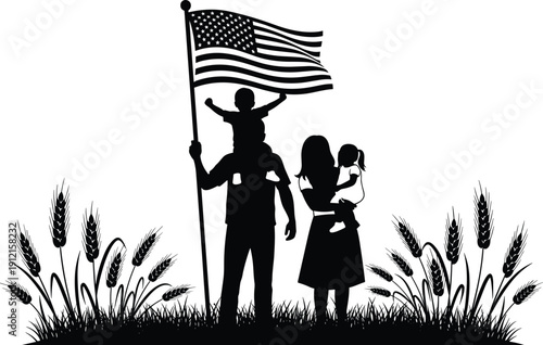 Patriotic family silhouette vector illustration, adults and children with American flag in wheat field - rural life and values artwork