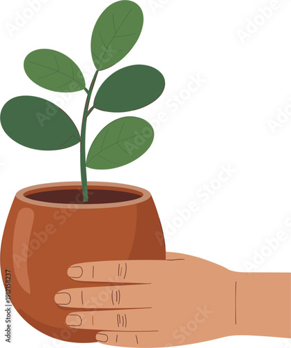 Flat vector illustration of a human hand holding a small green houseplant in a clay pot isolated on white background for gardening and environment concepts