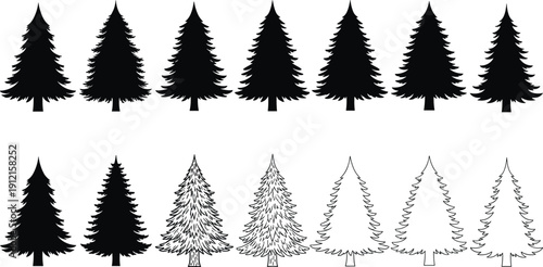 Pine tree silhouette and outline vector illustration, diverse artistic representations of evergreen trees - flat vector illustration