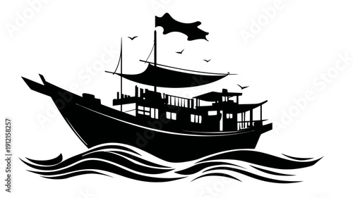 Traditional old wooden boat silhouette sailing on stylized ocean waves with flying birds. Vintage fishing vessel or cargo ship graphic icon.