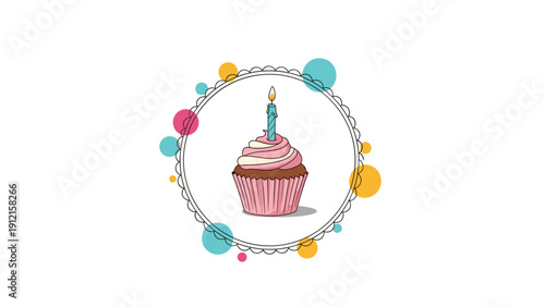 Delicious chocolate cupcake with pink frosting and one lit blue candle for a happy first birthday celebration.