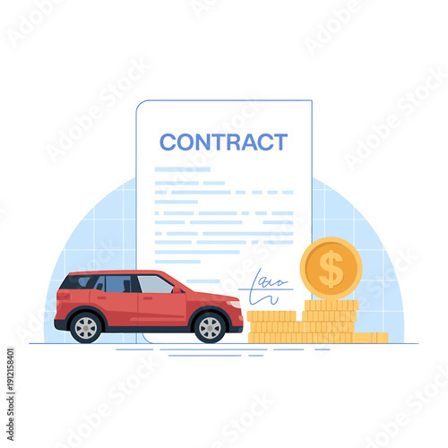 Red car with contract and money for vehicle purchase financing
