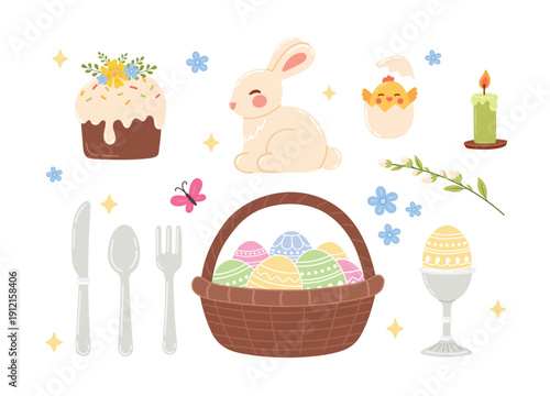 Cute Easter vector set with bunny, decorated eggs in basket, cake, chick, candle, flowers and spring elements. Pastel holiday illustration isolated on light background.